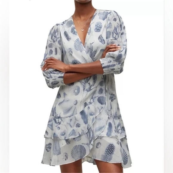 Allsaints Ari Oceano Long Sleeve Wrap Dress White Blue Shell Beach All Saints - Picture 1 of 14